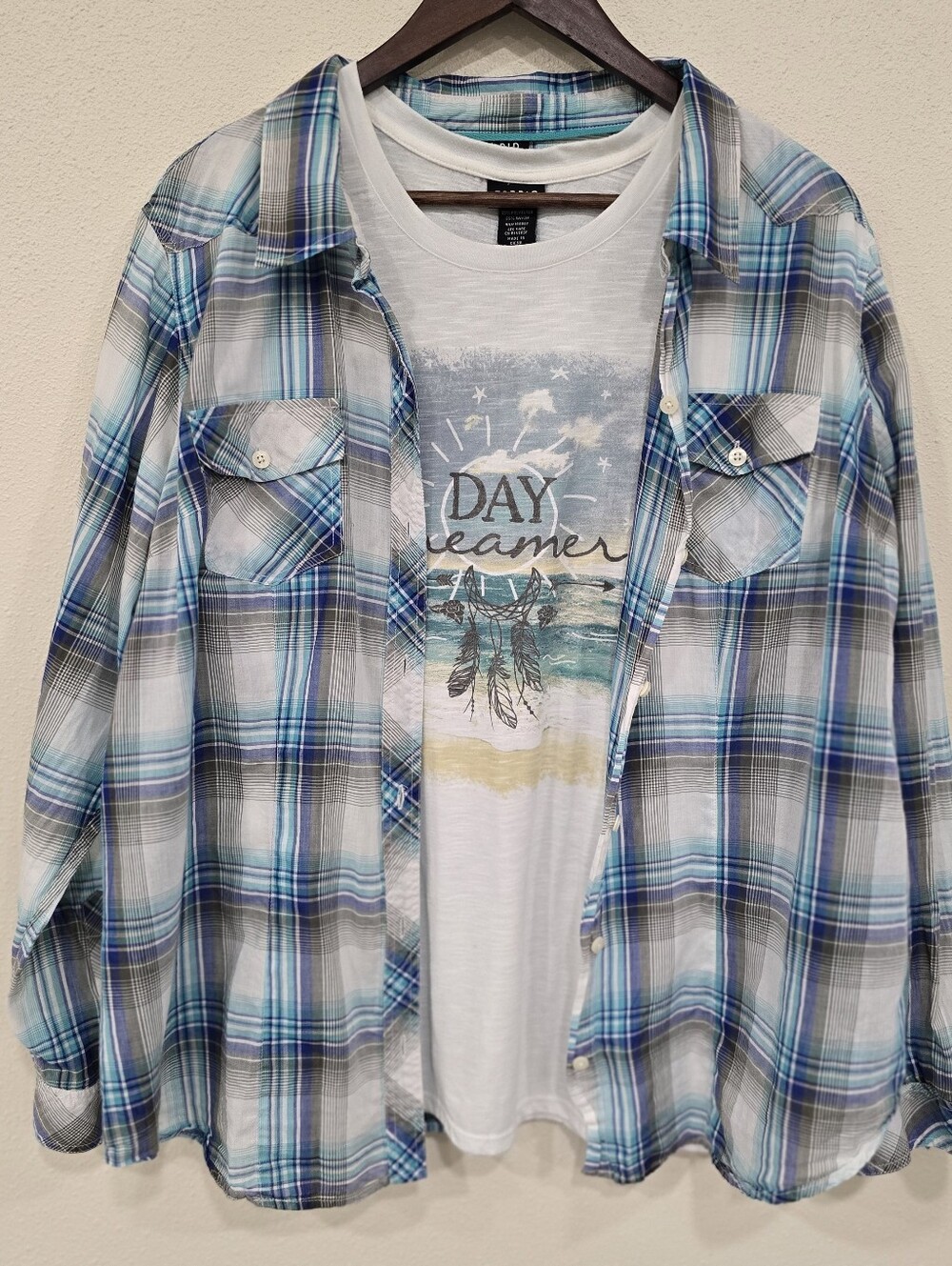 Torrid Teal light Blue and Navy Plaid Button-Up With Tshirt